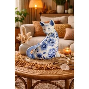 VINTAGE Porcelain CAT Blue and White Chinoiserie Large 9" Statue Ceramic Decor